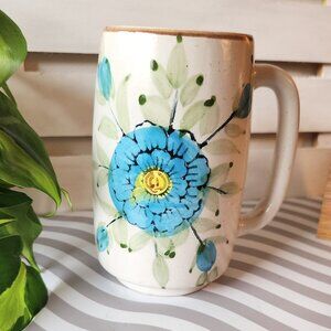 Tall Floral Mug, Stoneware Blue Flower Coffee Cup, Large Flower Mug